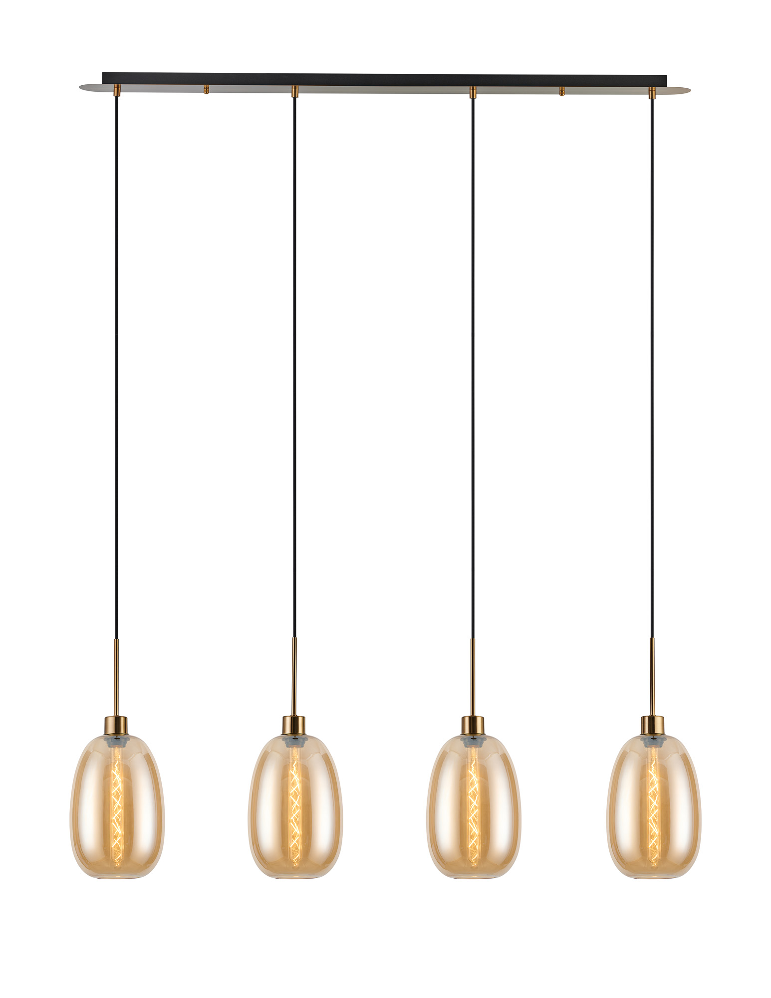 DK1219  Lori Linear Pendant, 4 Light Adjustable E27, Antique Gold/Amber Slim Curved Trapezium Shades